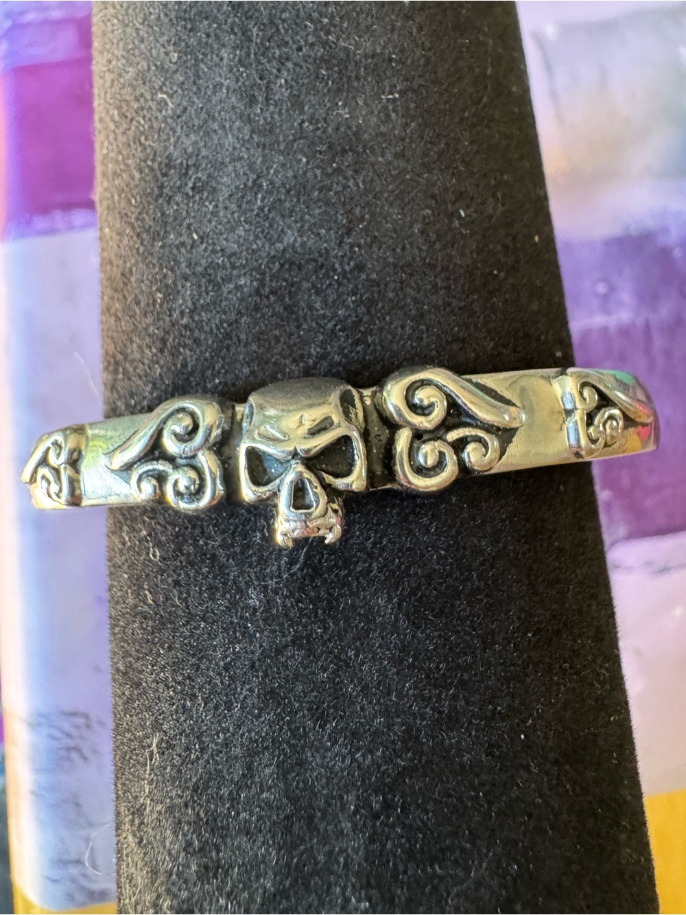 Stainless Silver Skull Motif Cuff Bracelet - Decorative Scroll Accents